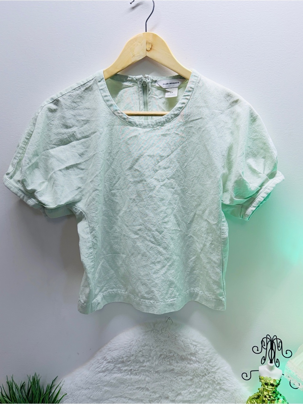 60% Cotton Club Monaco Light Mint Short Sleeve Linen Look Summer Blouse 👚